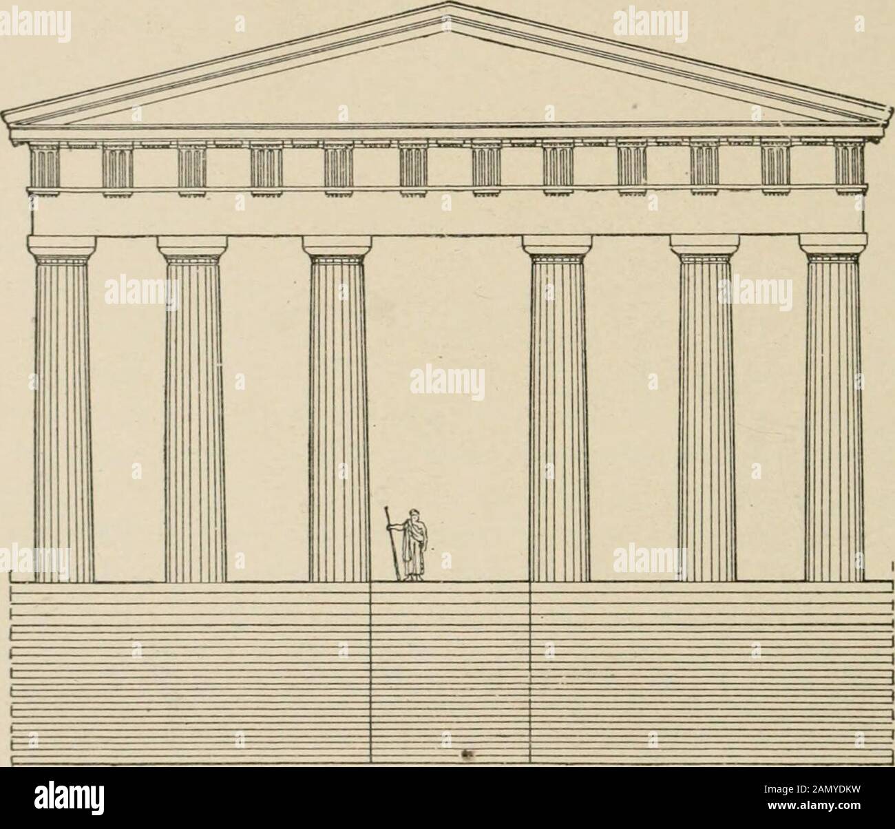 Cyclopedia of architecture, carpentry, and building : a general reference work . pylaea at Athens (Fig. 88), where, in order to get the width neces-sary for such an important entrance way, the two center columns aregiven this wide spacing. The Greeks, as has already been said,placed the triglyph at the very corner of the frieze; and, as the metopeis invariably square, it then becomes impossible for the center of thetriglyph to come over the center of the column in either elevation, as X47 15() STUDY OF THE ORDERS the placing of the latter in relation to and in plane with the face of thefrieze Stock Photo