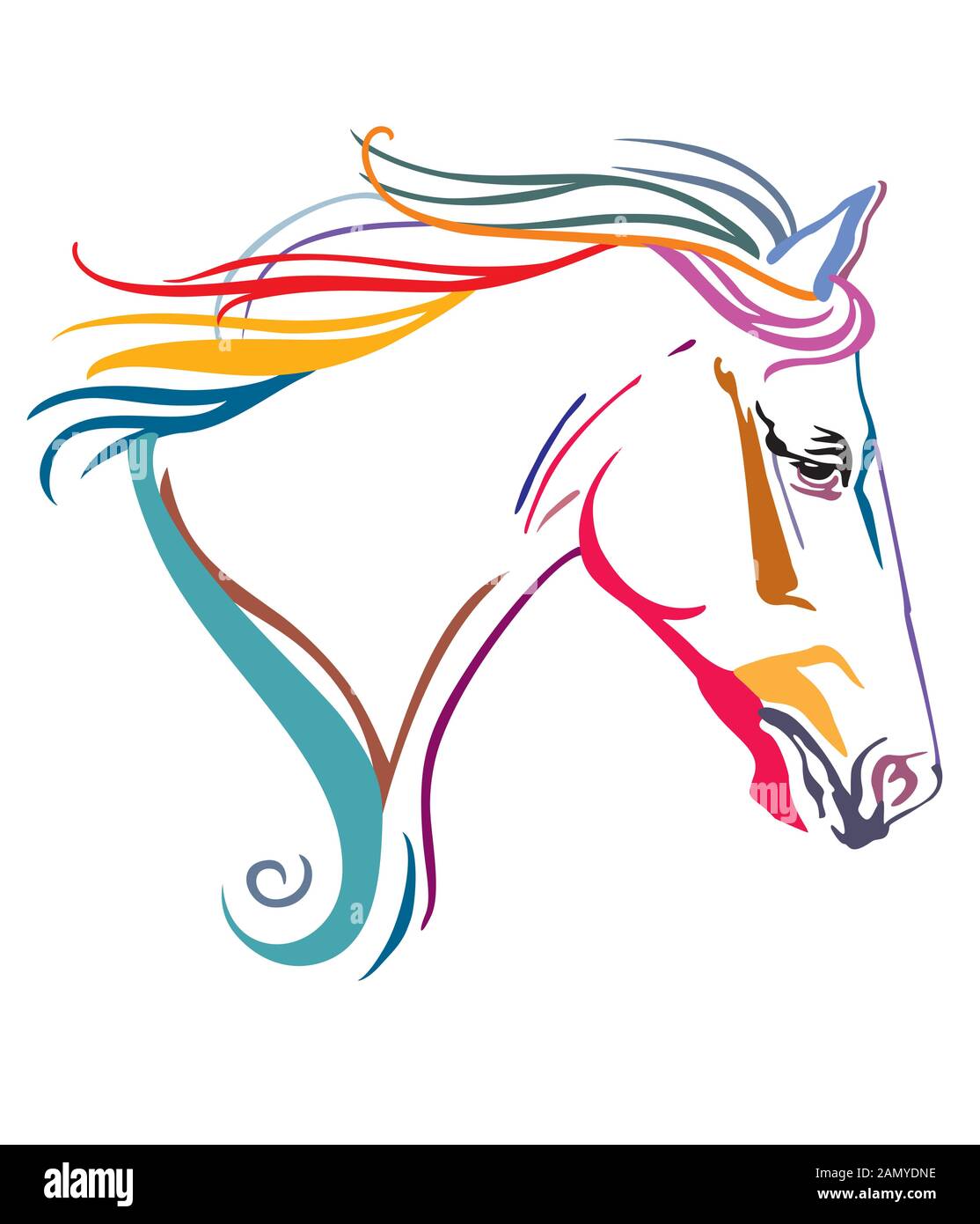 Colorful decorative ornamental contour portrait of running horse with long mane, looking  in profile. Vector illustration in different colors isolated Stock Vector