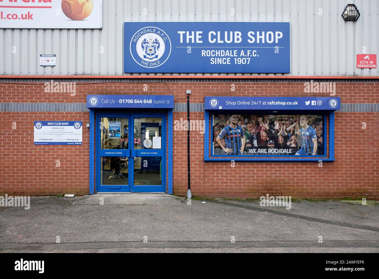 Club shop at Spotland Stadium, home of Rochdale Football Club, UK Stock