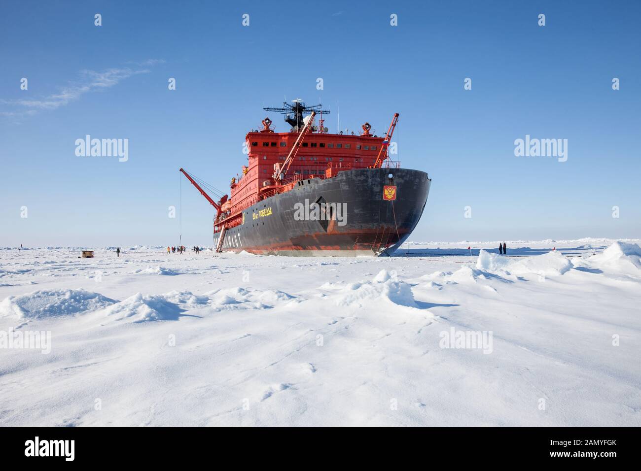 50 years of victory (Russian Icebreaker) on ice at the geographical North Pole Stock Photo