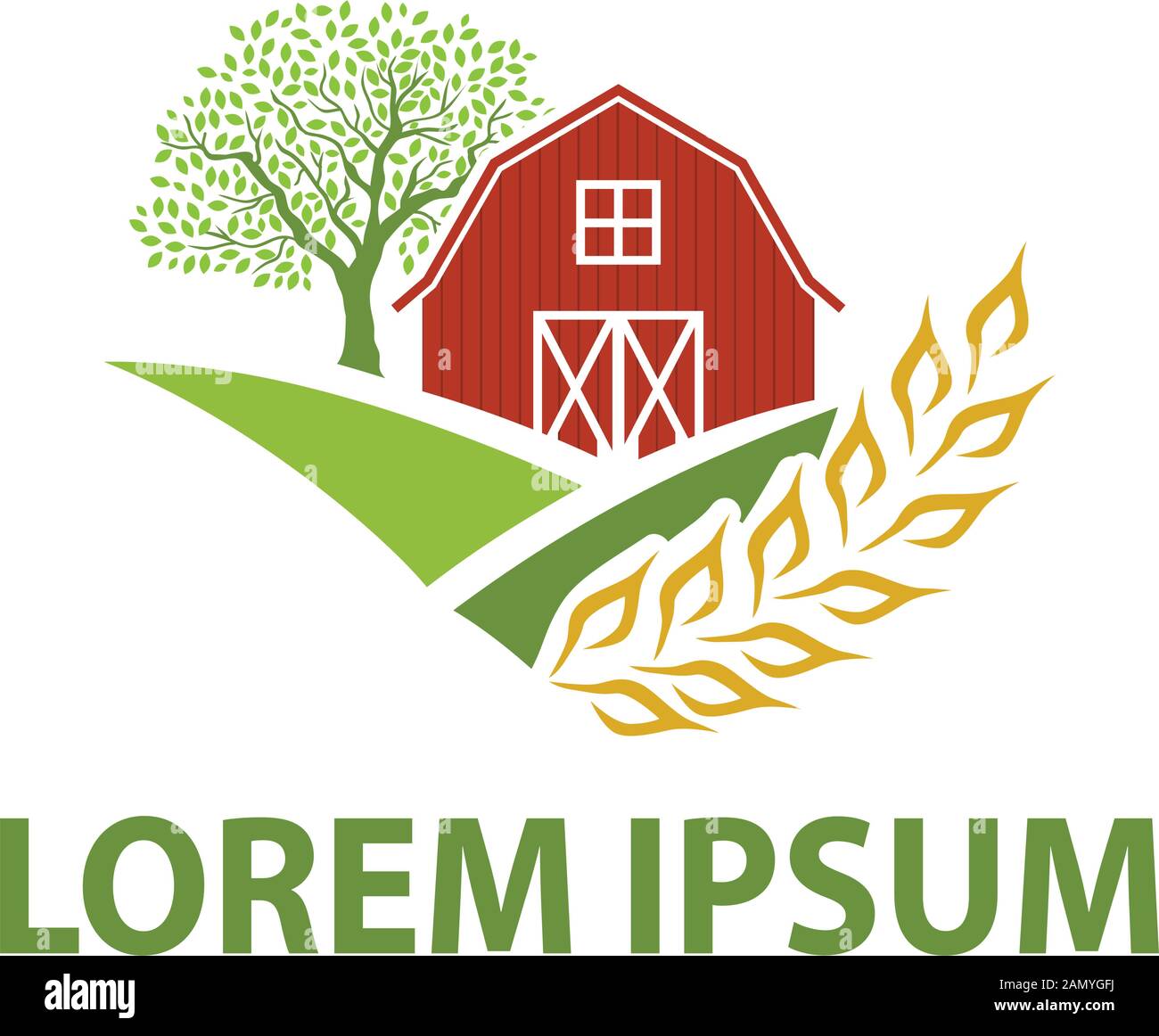 golden crop wheat and countryside landscape with red barn Stock Vector