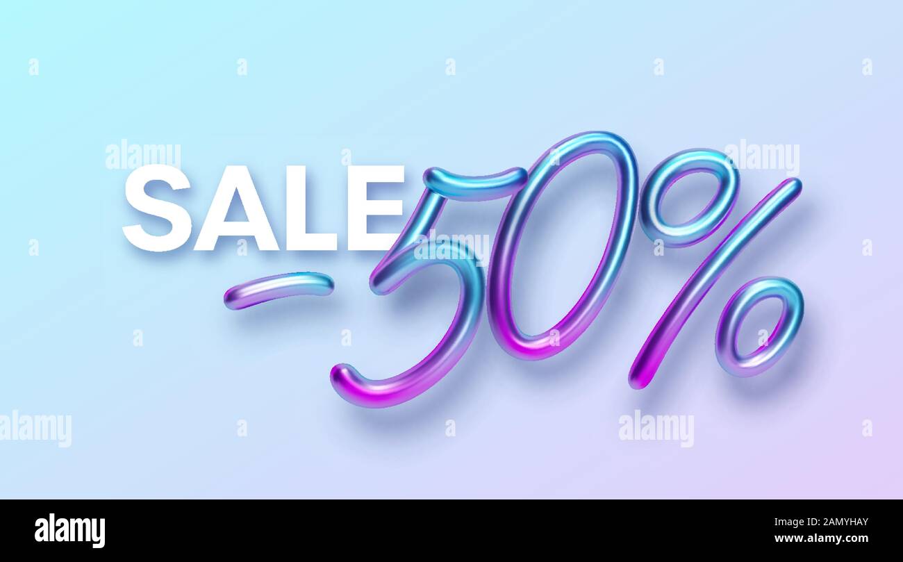 Realistic 3d golden font color rainbow holographic inscription Sale -50. Design element for holiday greeting flyers, banners, certificates, postcards Stock Vector