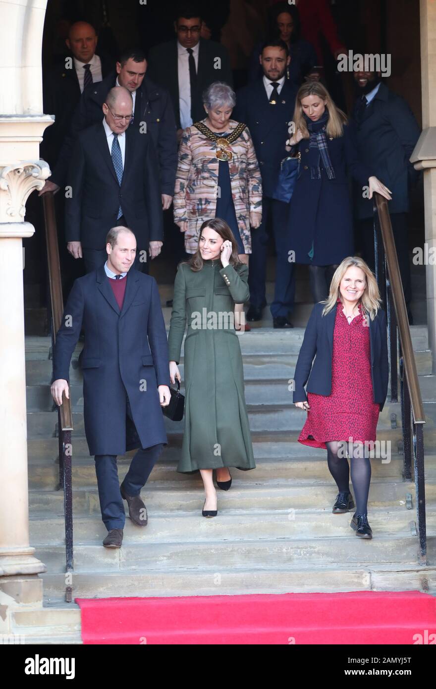 The Duke and Duchess of Cambridge leave after a visit to City Hall in Bradford to join a group of young people from across the community to hear about life in the city. Stock Photo