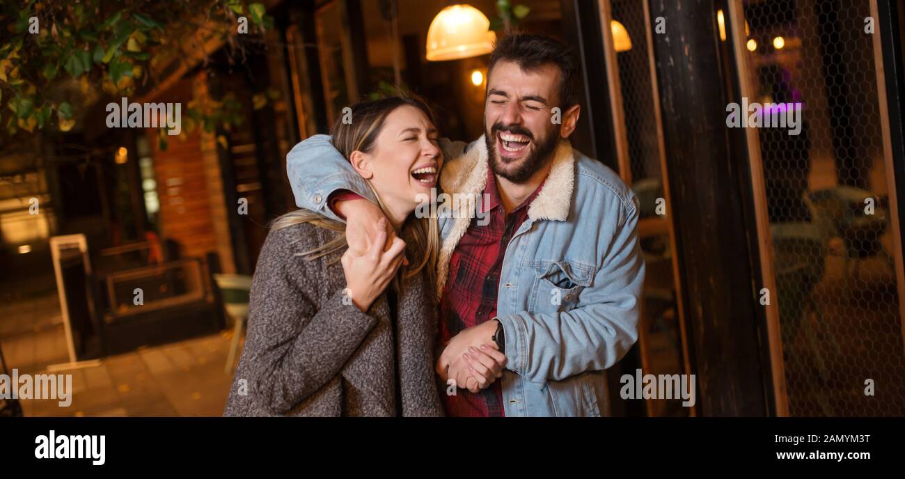Young couple in city is having fun Stock Photo