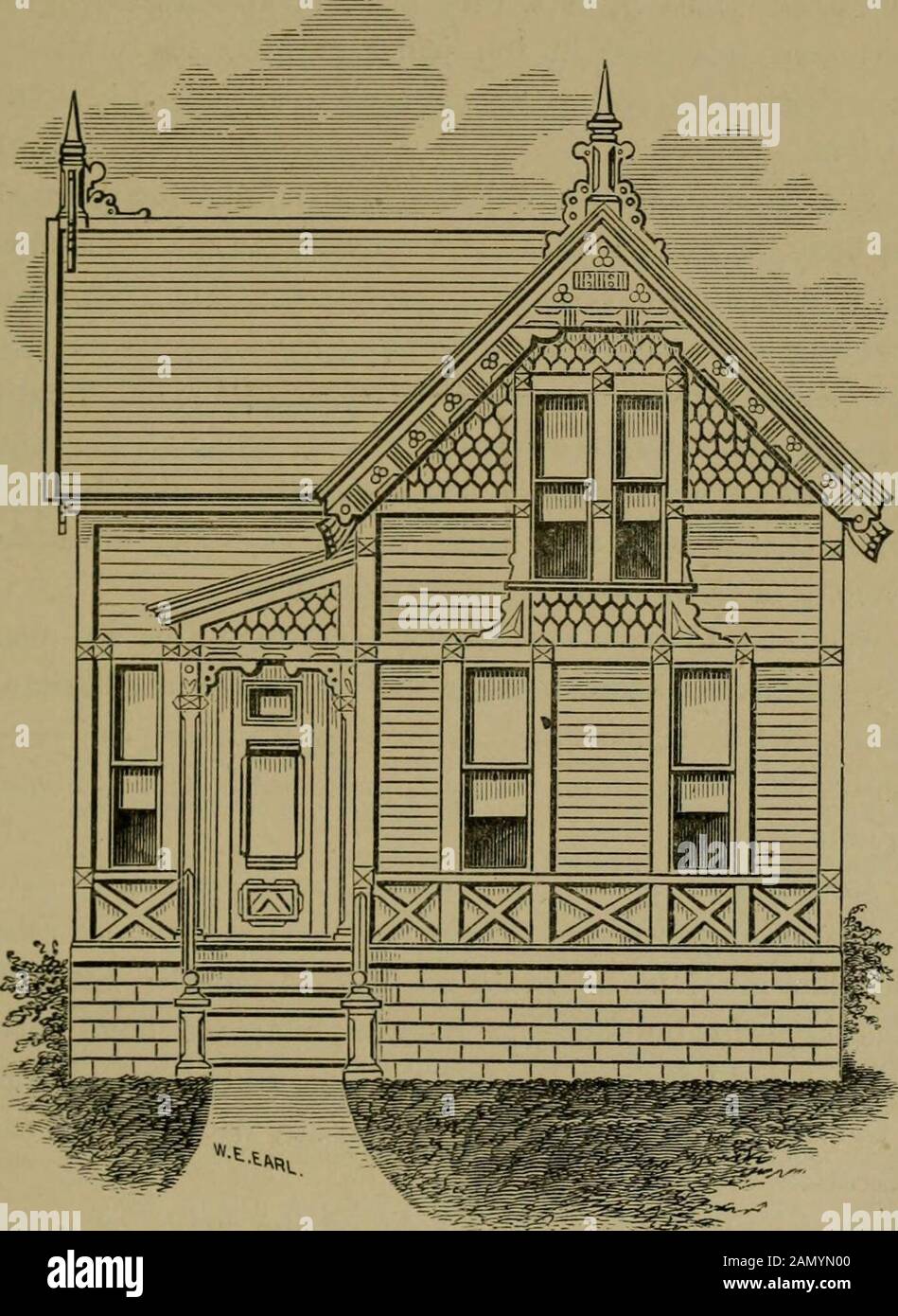 Our homes and their adornments; . joists, leaving the outside wall of secondfloor six feet and four inches from floor to where the angleof roof rests on the plates, and in the center the rooms arenine feet high. The rear or kitchen part is twelve-footstudding, thus leaving ample room in the attic for storingpurposes. We think the exterior presents nice and gracefulproportions. The design depends for effect as much on the outlineand painting as upon anything else. Across the front andsides is a water-table; and from this up to the window-sills,the wall Is sheathed with matched sheathing, and th Stock Photo