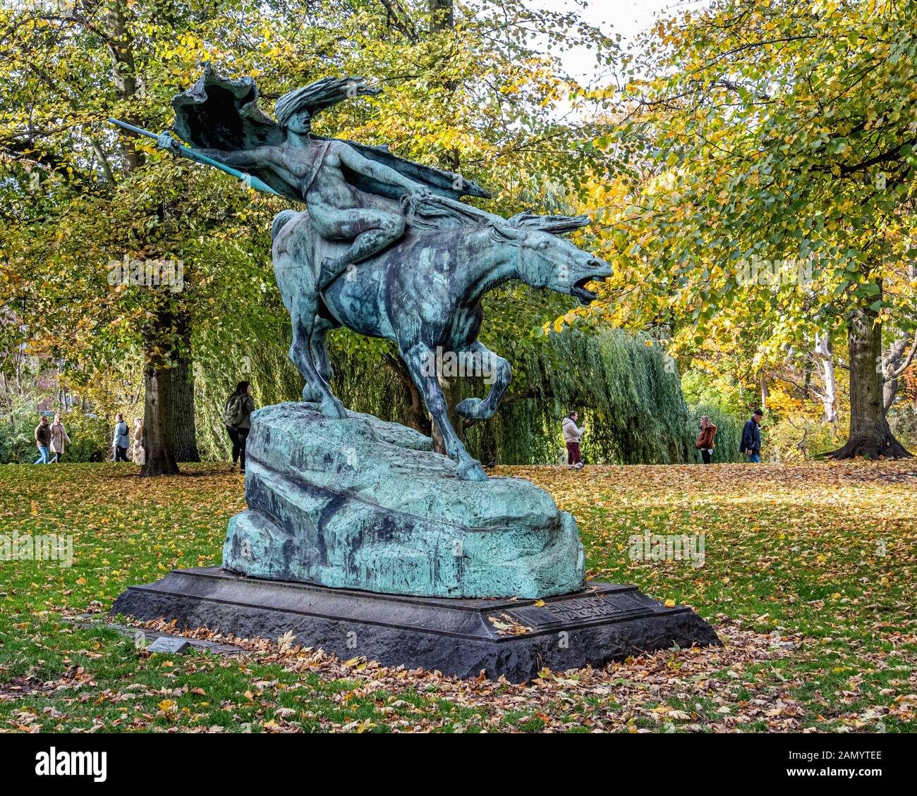 Bronze statue of a valkyrie, a female figure in Norse mythology designed by sculptor Stephan Sinding 1908 in Churchill park, Copehhagen, Denmark Stock Photo