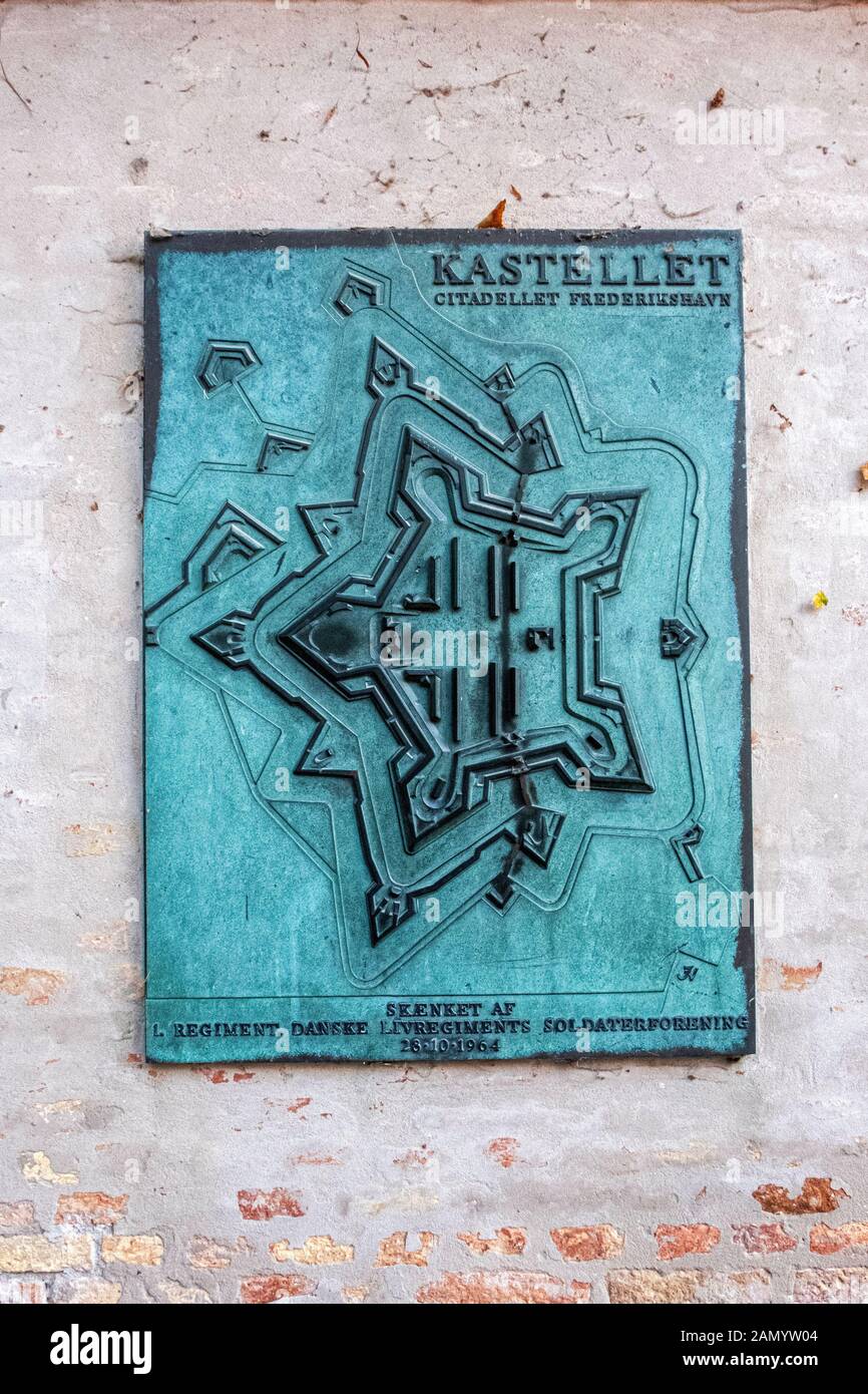 Metal Plaque engraved with Kastellet Map at entrance of the Citadel Military Fortress in Copehagen, Denmark Stock Photo