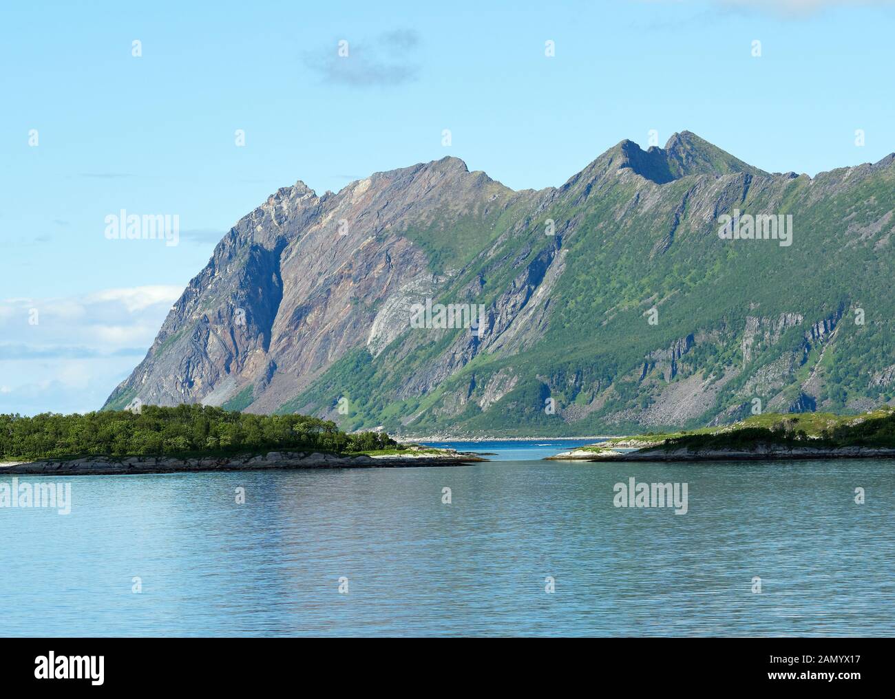Scenic mountain view in mountainous summer terrain in northern Norway. Senja Island, Troms County - Norway. Beauty of nature concept background. Stock Photo