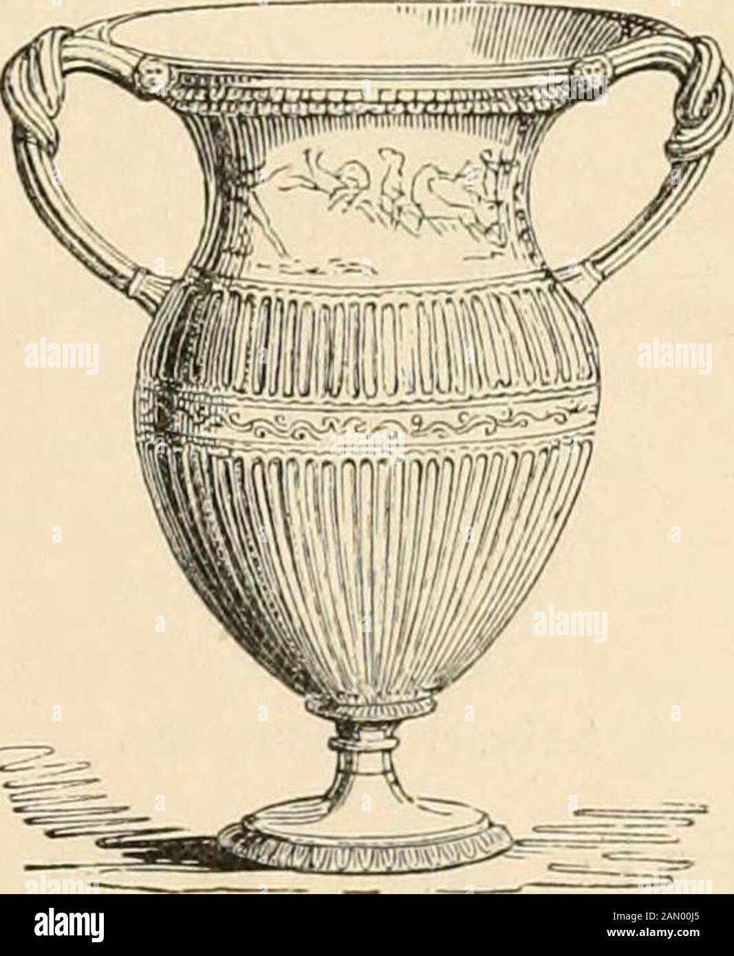 Pompeii, its history, buildings, and antiquities : an account of the destruction of the city with a full description of the remains, and of the recent excavations, and also an itinerary for visitors . Kitchen Utensils of Bronze, and with a swan in the centre. The neck of the vase ispainted, and the same subject is given on each side. It repre-sents a chariot, drawn by four animals at full gallop, whichappear to be intermediate between tigers and panthers. A. Terra-cotm Vase. winged genius directs them with his left hand, while with hisright he goads them with a javelin. Another winged figurepr Stock Photo