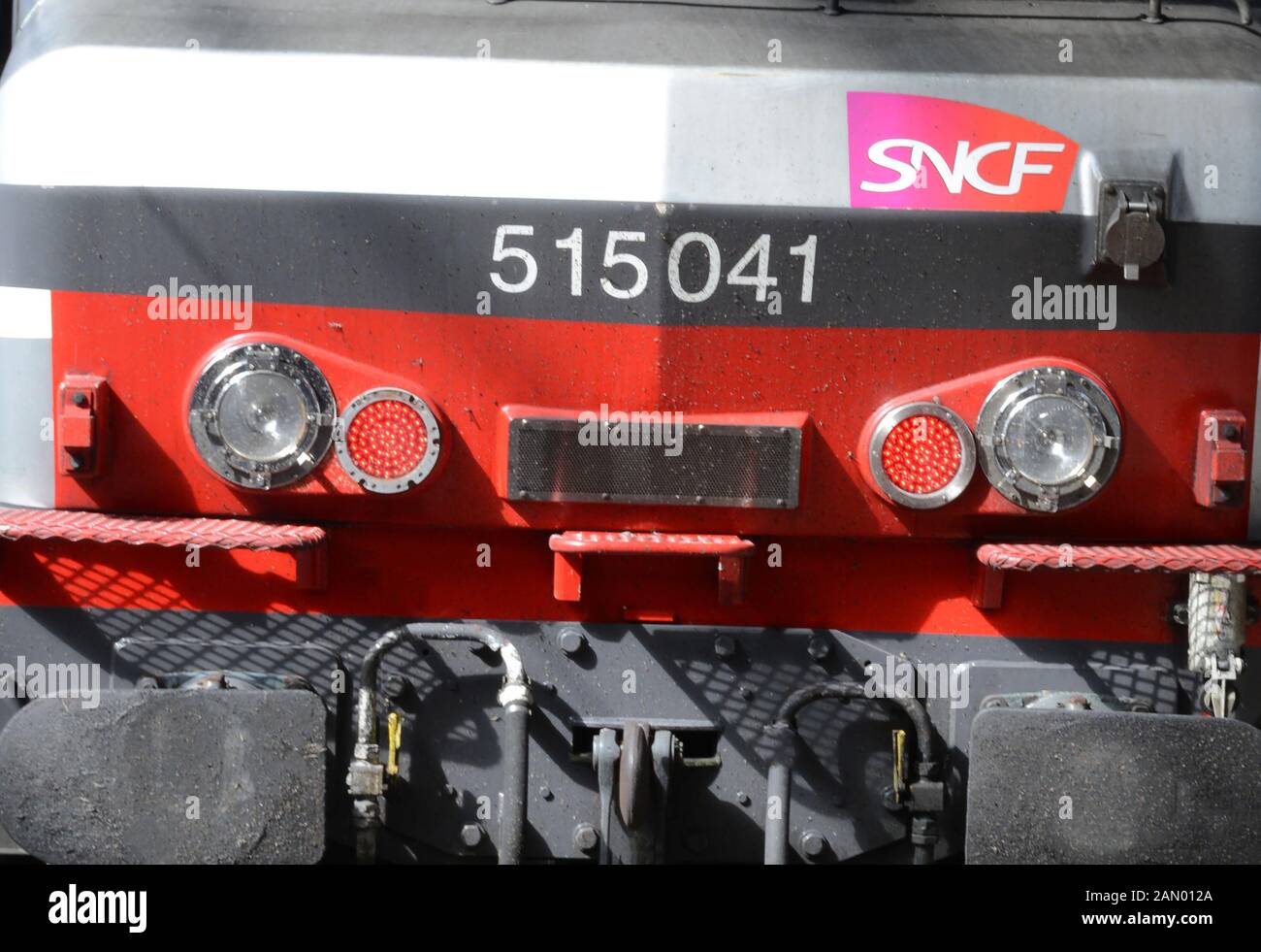 close-up on the nose of SNCF electric locomotive, North railway stration, Paris, France Stock Photo