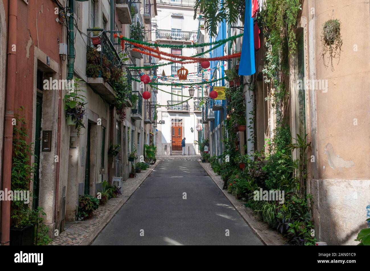 Decorated Pedestrian Street Rua Da Silva, Old Town, Lisbon, Portugal Stock Photo