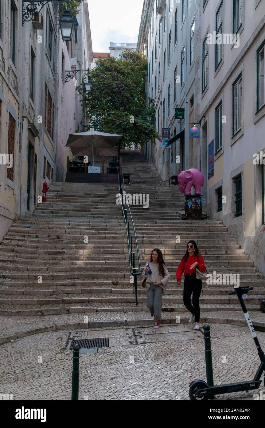 Stairs in a steep narrow alley in Baixa, Lisbon, Portugal Stock Photo