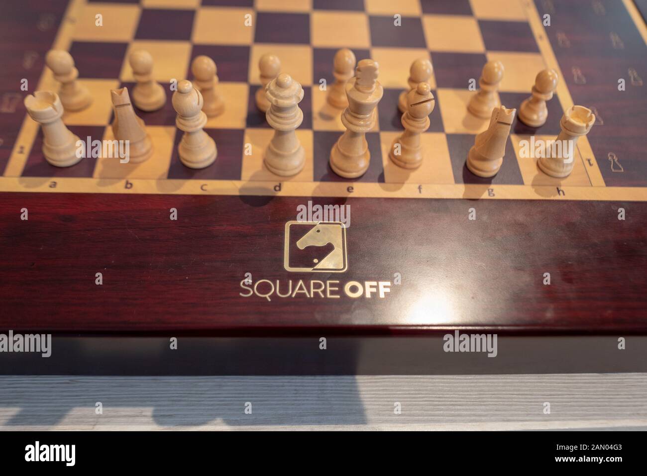 Close-up of Square Off automated chess board, which uses magnets