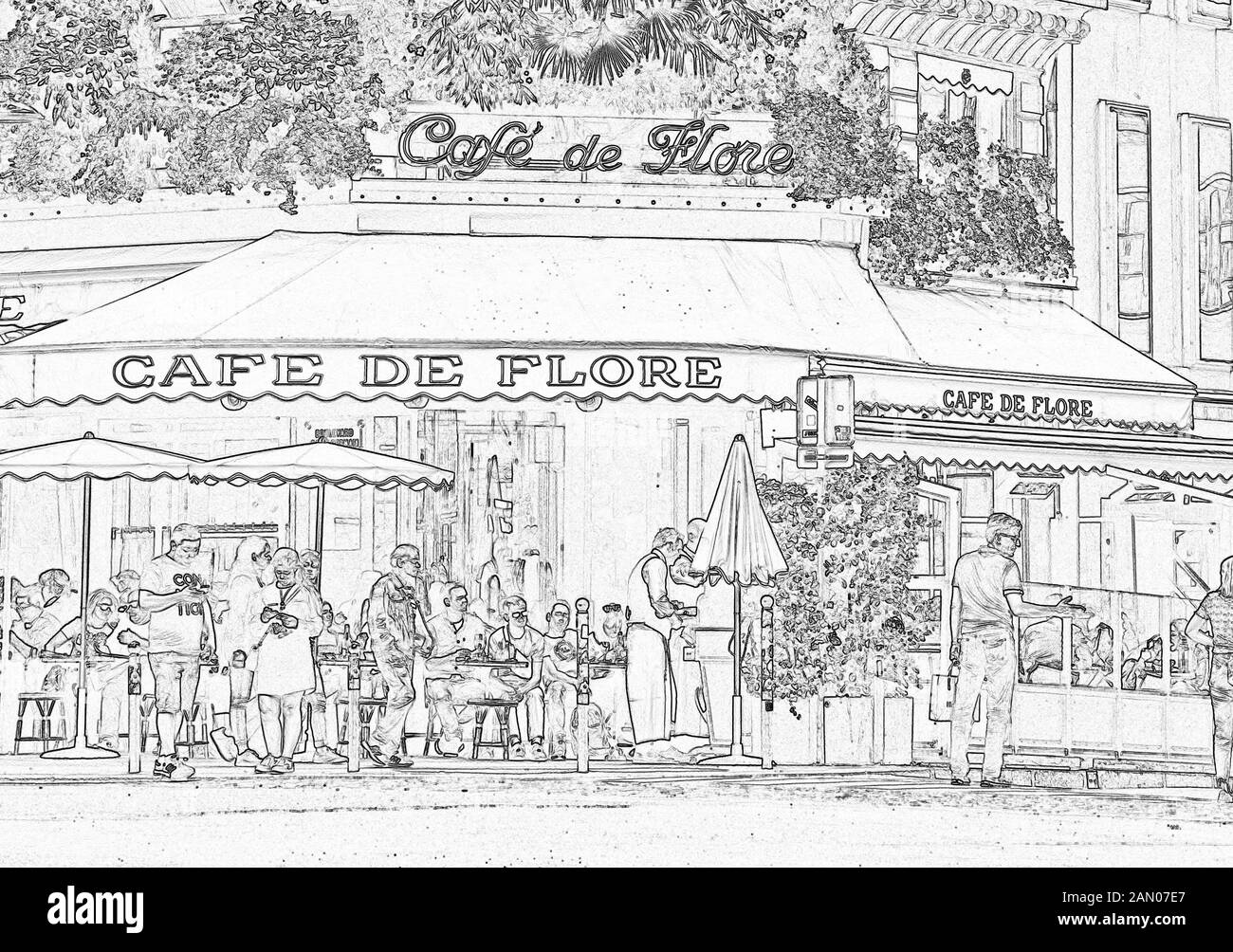 Cafe de Flore, one of the oldest coffeehouses in Paris, celebrated for its famous clientele,  Saint-Germain-des-Prés, Latin quarter, Paris, France Stock Photo