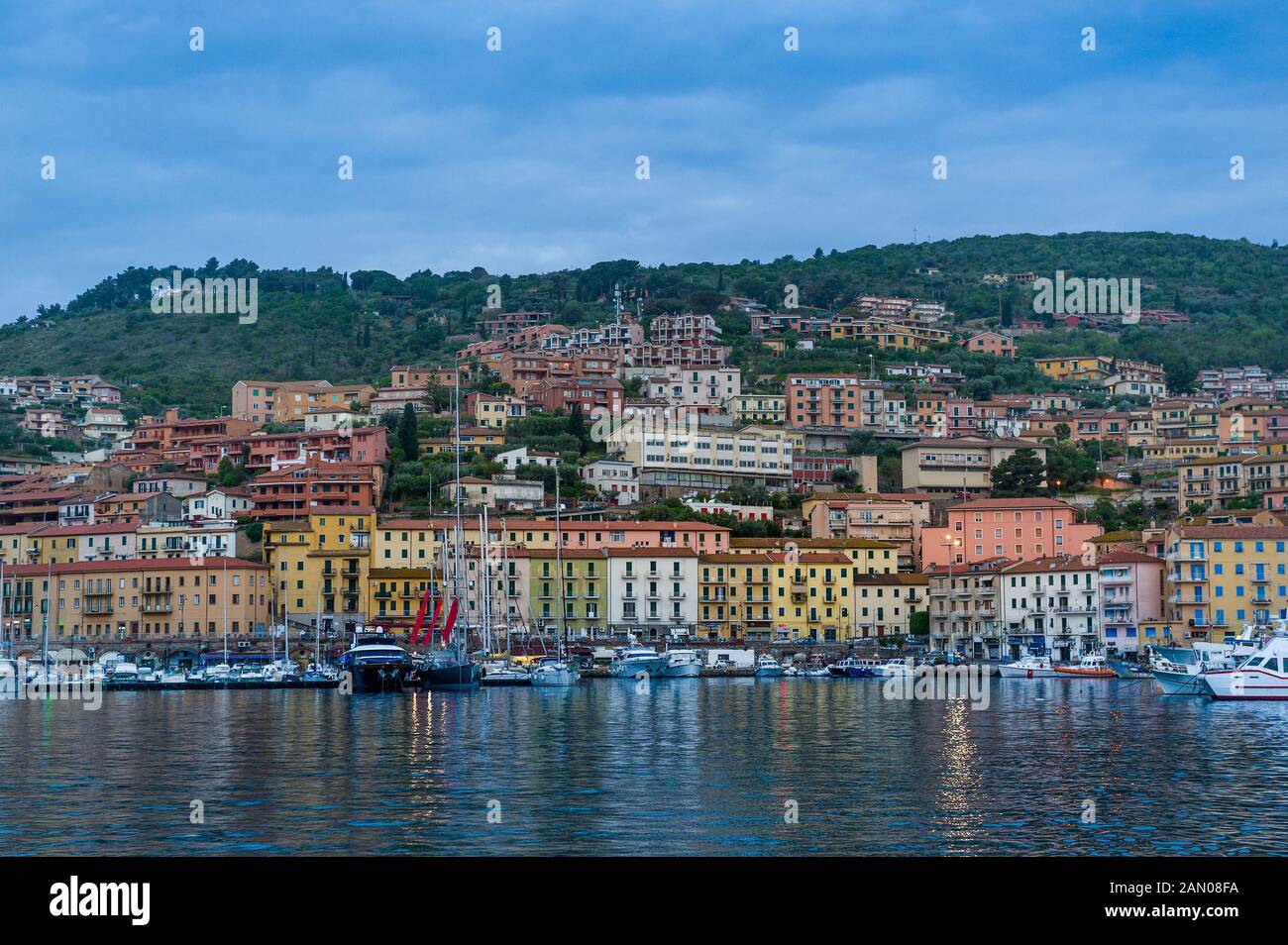 Porto Santo Stefano old town view from the water at early norning light. Toscana, Italy Stock Photo