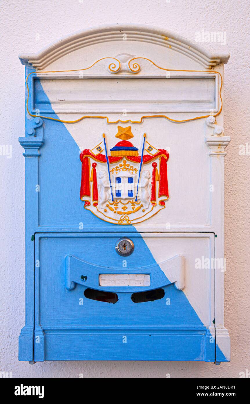 Italy Liguria Seborga ( Principato di Seborga ) Post office box with the country's coat of arms Stock Photo