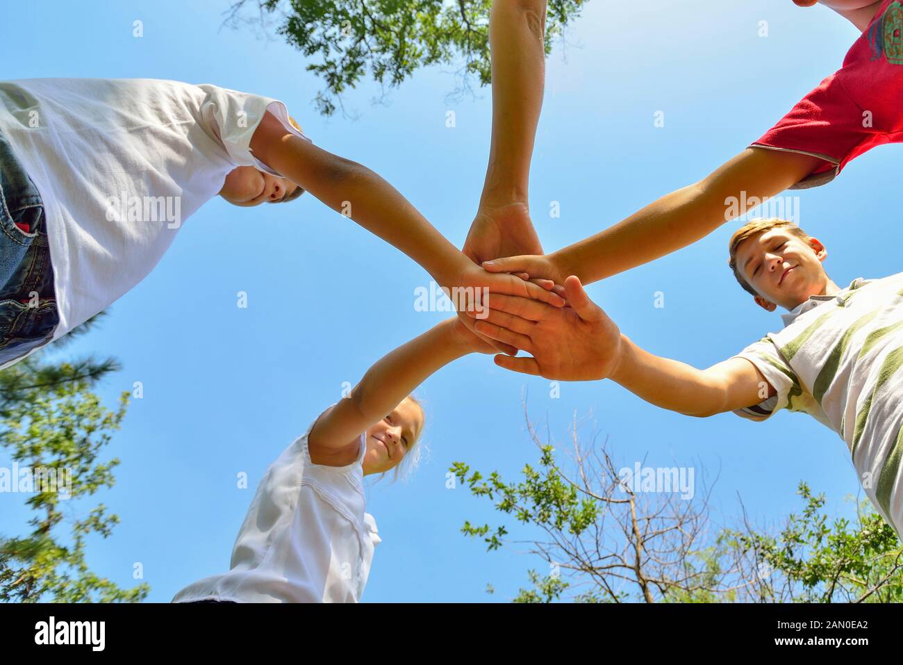 Friends hold hands together, bottom view of a group of people clasped