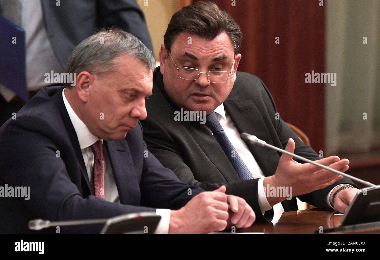 January 15, 2020. - Russia, Moscow. - Russian Deputy Prime Minister Yuri Borisov (left) and Konstantin Chuychenko, Chief of Staff of the Russian Government, during a meeting between Russian President Vladimir Putin and the Russian government members. Russian government announces collective resignation. Stock Photo