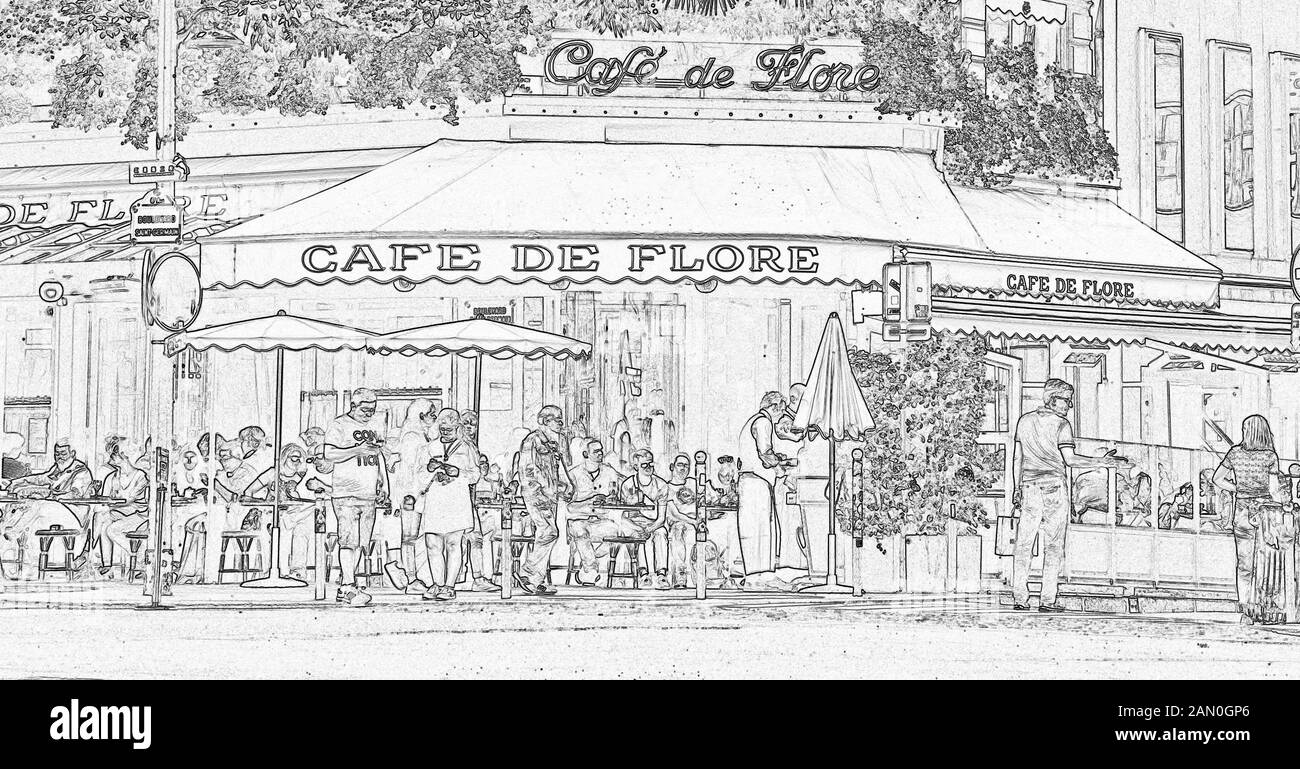 Cafe de Flore, one of the oldest coffeehouses in Paris, celebrated for its famous clientele,  Saint-Germain-des-Prés, Latin quarter, Paris, France Stock Photo