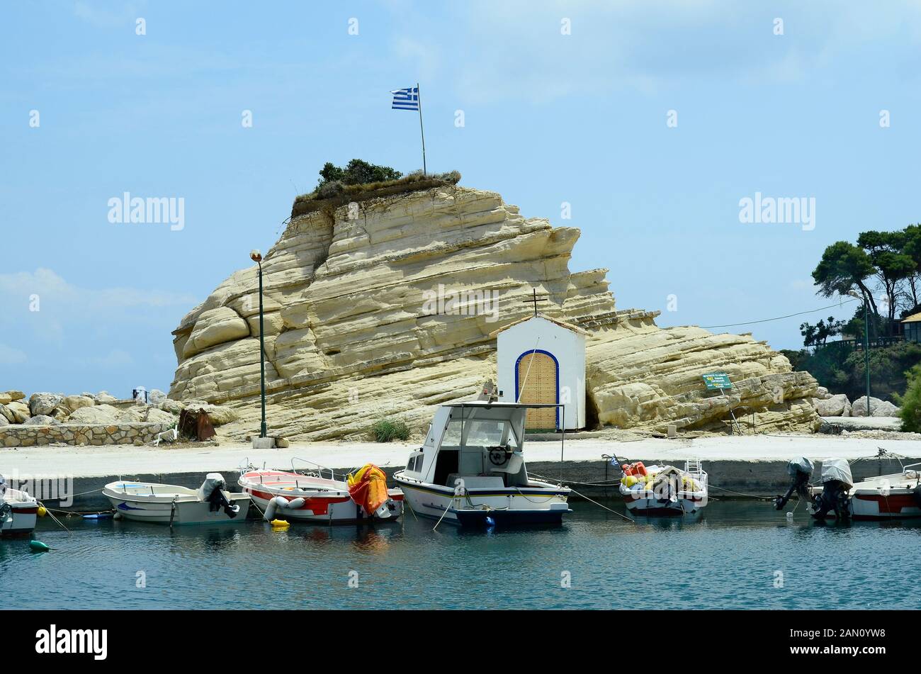 Greece, Zakynthos Island, tiny harbor and chapel in Agia Sostis Stock Photo