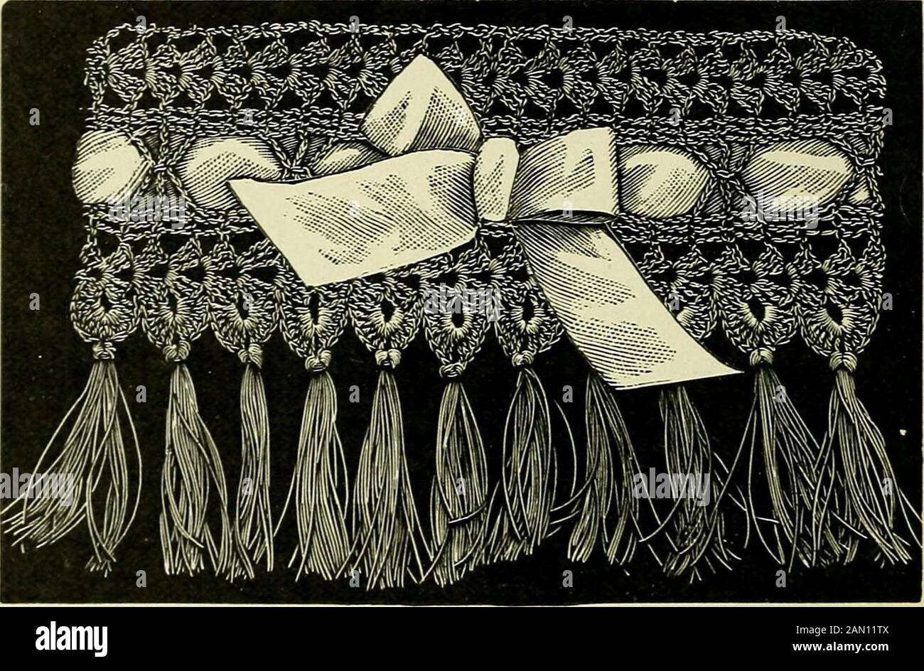 A treatise on lace-making, embroidery, and needle-work with Irish flax threads . When you have a strip long enough to extend around the chair,turn at the end of last row, crochet the ends together, taking care notto draw the thread too tightly, and crochet across the top, which isthe side of strip in which the dtc is worked under 4 ch, thus makinga continuous connection between shells. Finish the lower edgewith a row of large scallops, putting 14 dtc under each ch of 4 con-necting shells, and fastening down with 1 dc between the shells not 118 barbours prize needle-work series. connected. Tie Stock Photo