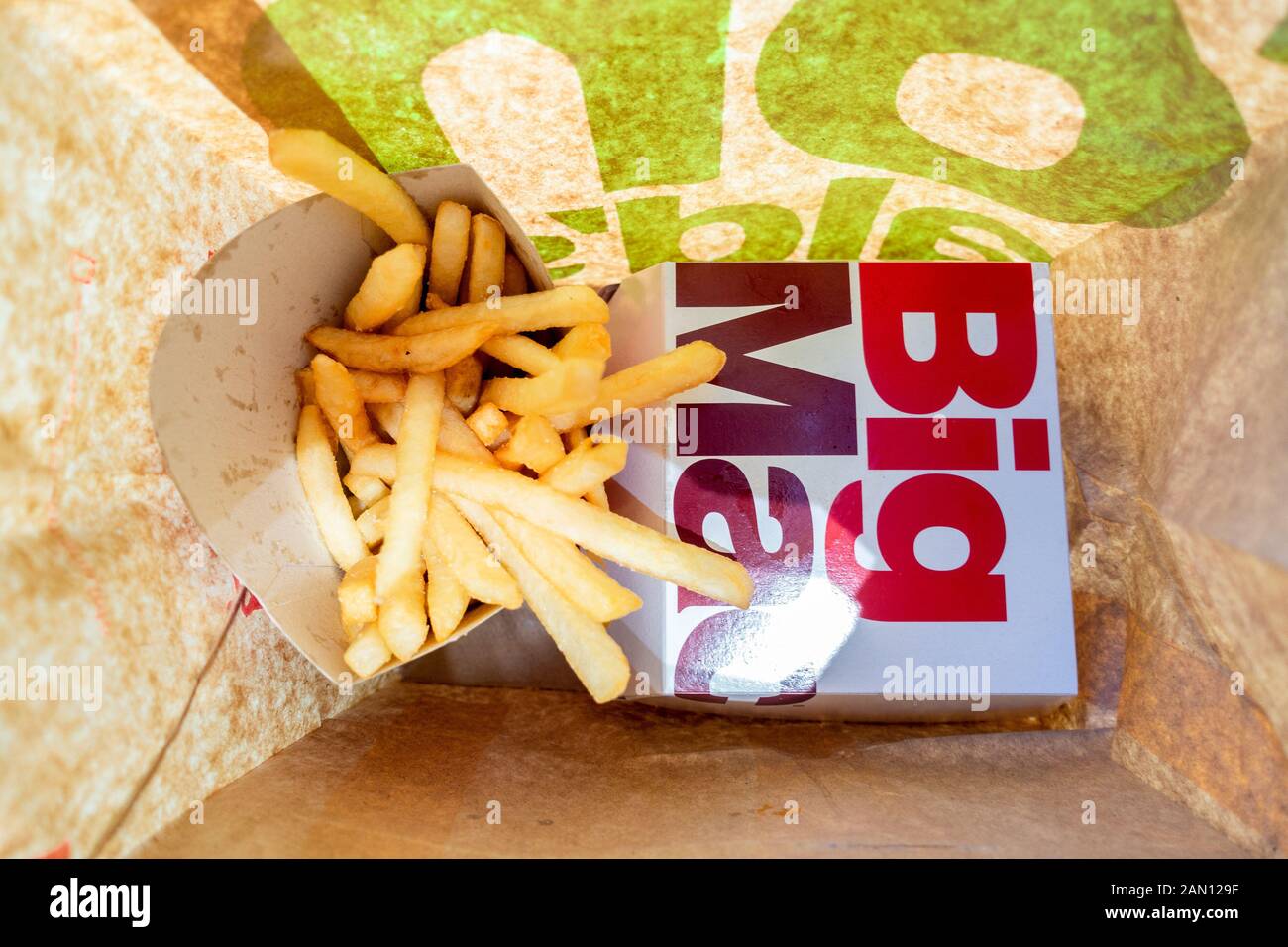 Big Mac Burger and French Fries from a McDoanld's restaurant Stock Photo