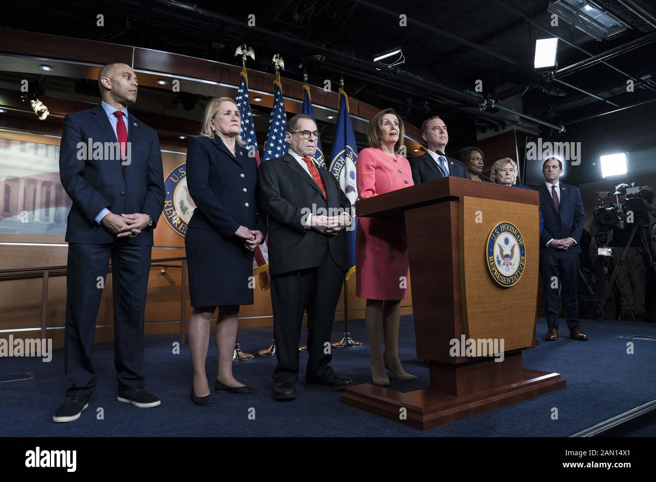 Washington, United States. 15th Jan, 2020. Speaker of the House Nancy Pelosi, D-Calif., announces the impeachment managers, members of the House who will serve as prosecutors in the Senate impeachment trial of President Trump, in the the U.S. Capitol Building in Washington, DC on Wednesday, January 15, 2020. Credit: UPI/Alamy Live News Stock Photo