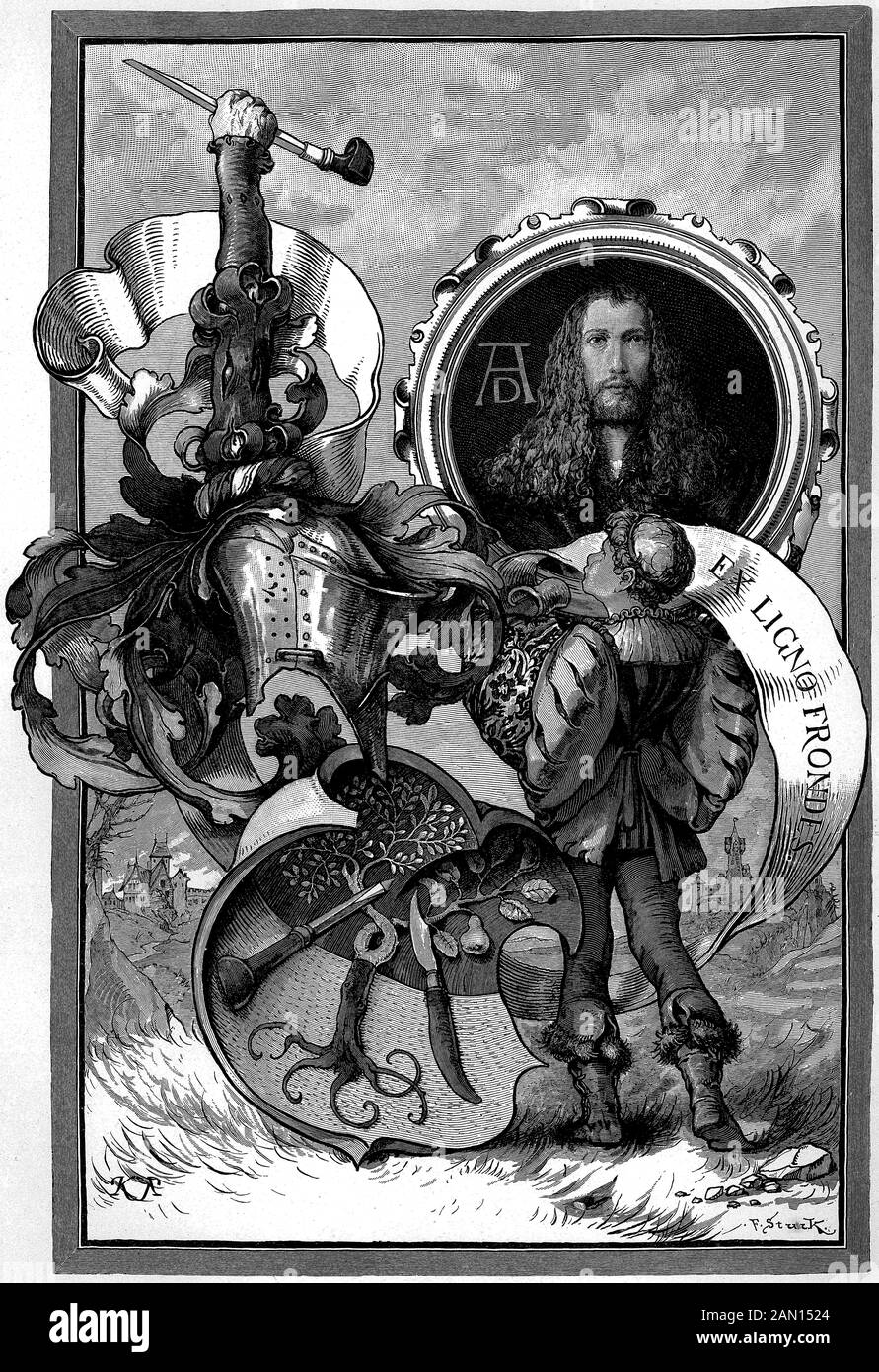 Guild and coat of arms, allegories and emblems - Zunft und Berufswappen - Wappen der Xylographen. Devise von Alfred Goeldlin von Tiefenau. Stock Photo