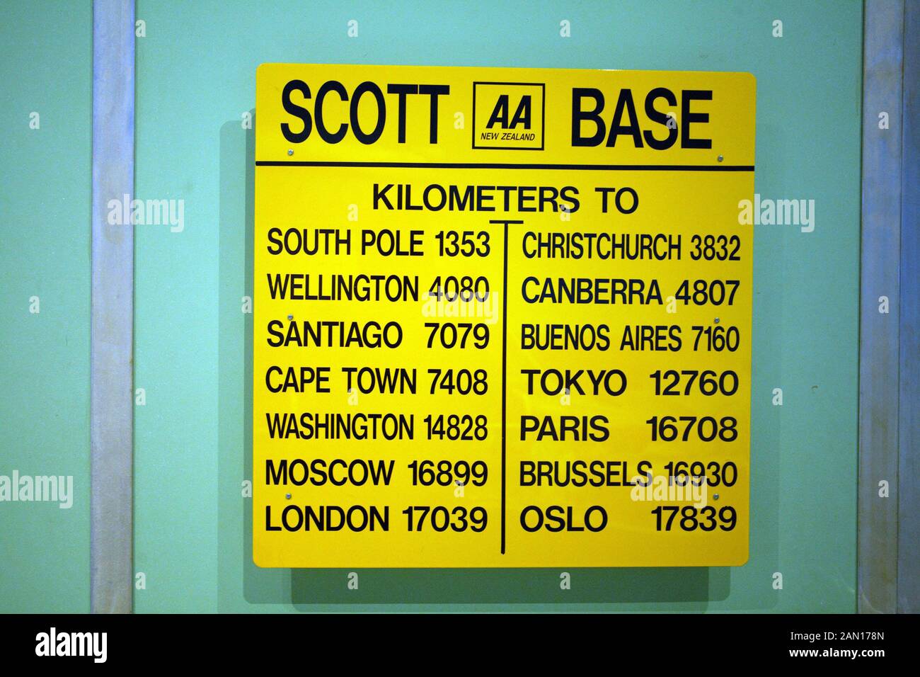 Scott Base Sign Distance to World Capitals Stock Photo