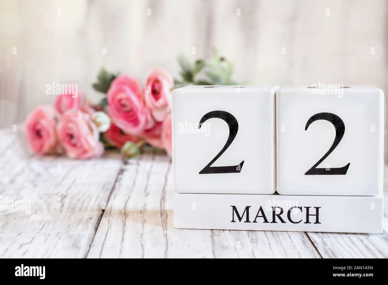 White wood calendar blocks with the date March 22 th for Mother's Day or Mothering Sunday 2020 . Selective focus with pink ranunculus in the backgroun Stock Photo