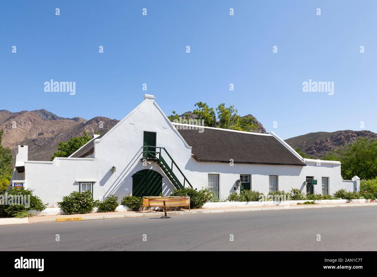 Traditional historic Cape Dutch homestead with thatched roof, Montagu, Route 62, Boland, Western Cape, South Africa Stock Photo