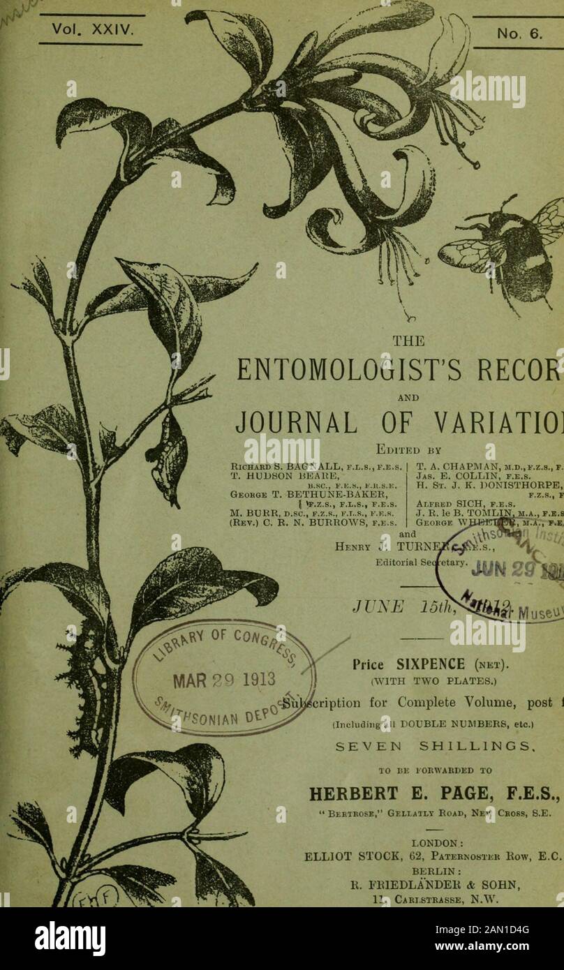 The Entomologist's record and journal of variation . pp. and 103 woodcuts and full-page illustrations. Bound in Cloth, (Price 2/6). Another series of collecting expeditions into well-known entomological and naturalhistory localities, with description of botanical, geological, ornithological as well asentomological matters of interest to be found therein. The places dealt with includeCobham Woods, Cuxton Downs, the Western Highlands, Cliflfe—all well known for theirrich entomological fauna. To be obtained from J. Herbert Tutt, 22, Francemary Road, Ladywell Boad,Brockley, S.E. Random Recollectio Stock Photo