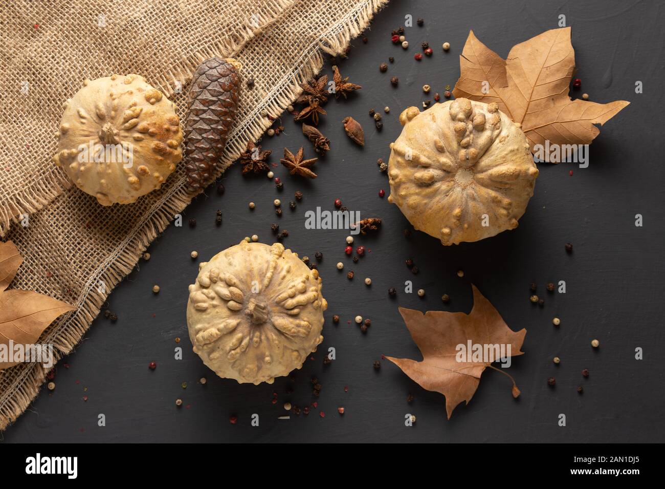 Autumn winter background with pumpkins, dried leaves, pineapple and whole pepper on rustic black background Stock Photo