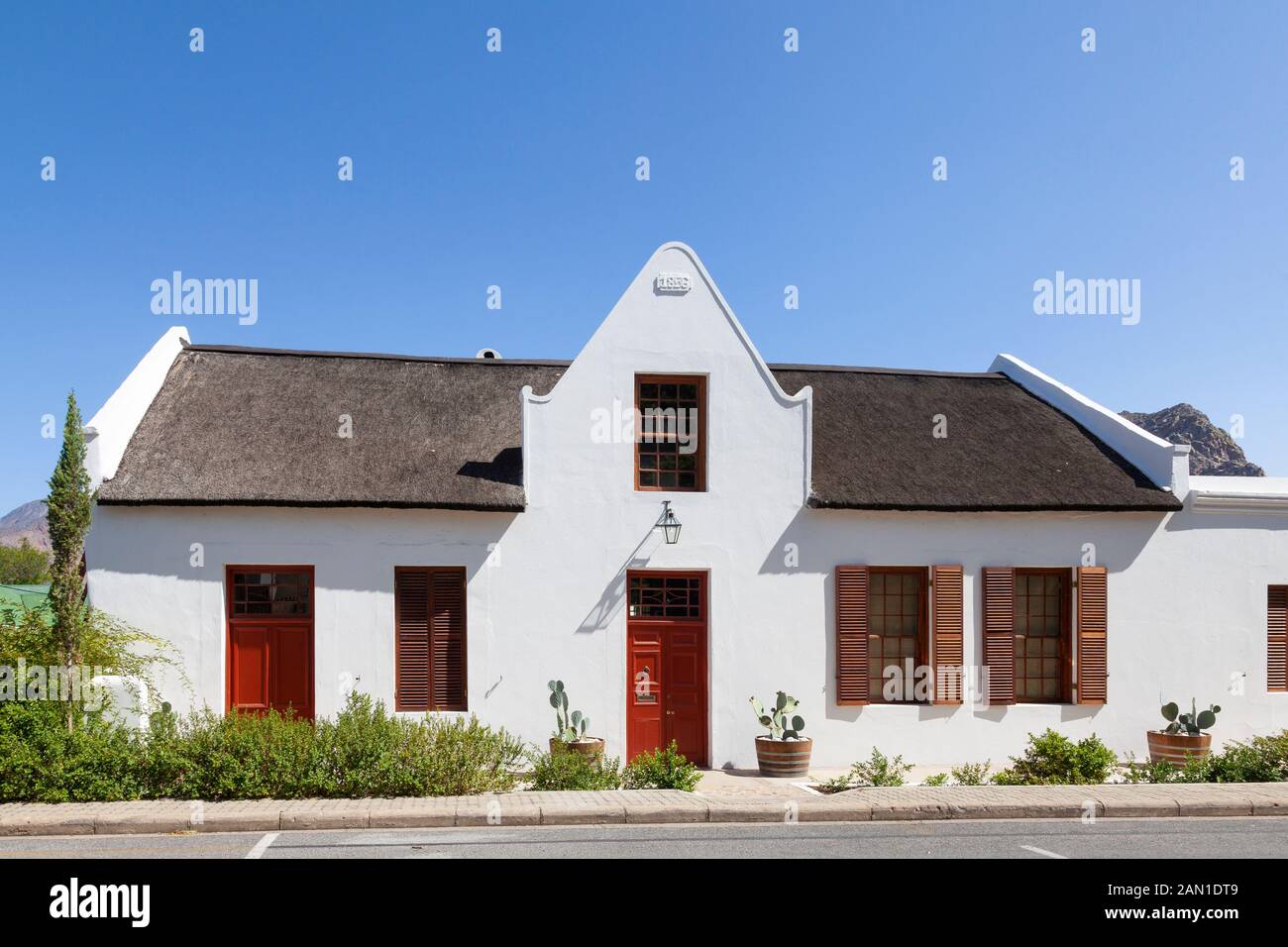 Historic 1856 thatched Cape Dutch Homestead, Montagu, Route 62, Boland, Western Cape, South Africa Stock Photo