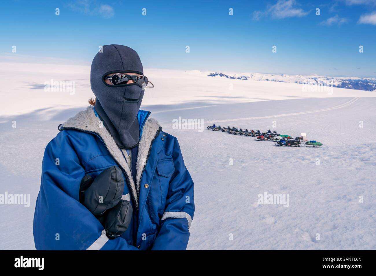 Scientist wearing protective gear, The Glaciological society spring expedition, Vatnajokull Glacier, Iceland Stock Photo