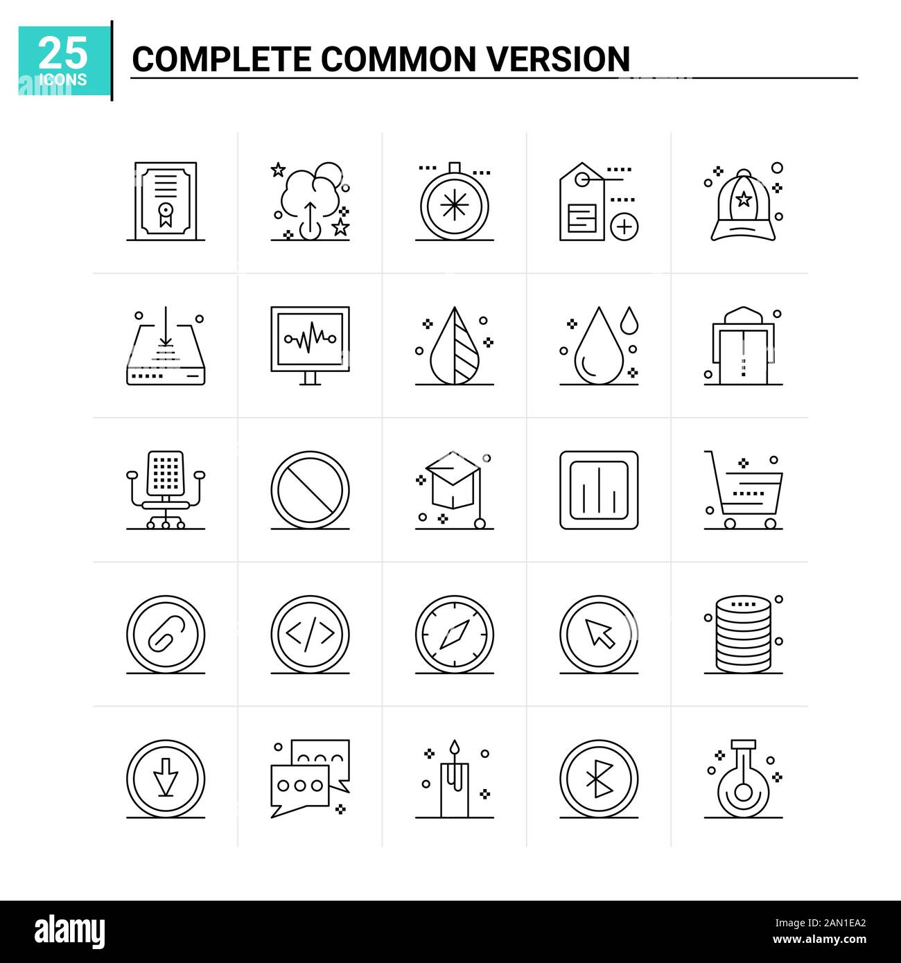 25 Complete Common Version icon set. vector background Stock Vector