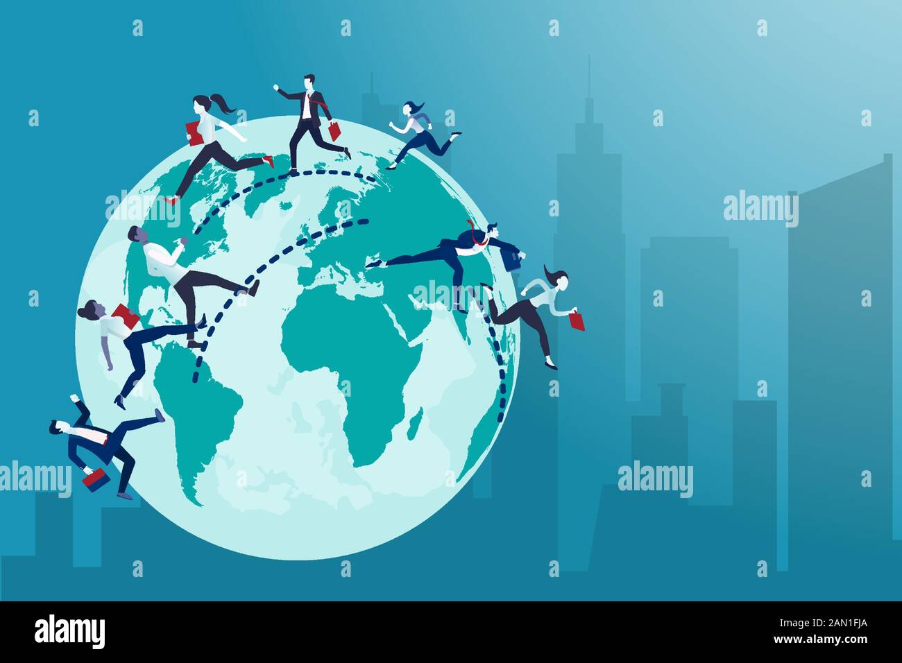 Global business concept. Vector of business people running from one country to the other Stock Vector