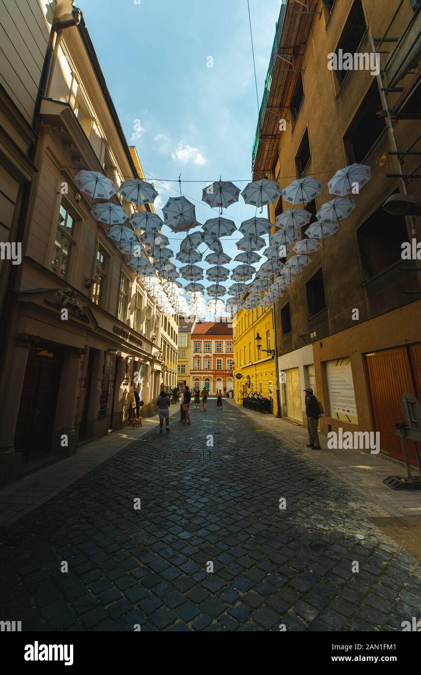 Umbrellas street decoration in old town Stock Photo