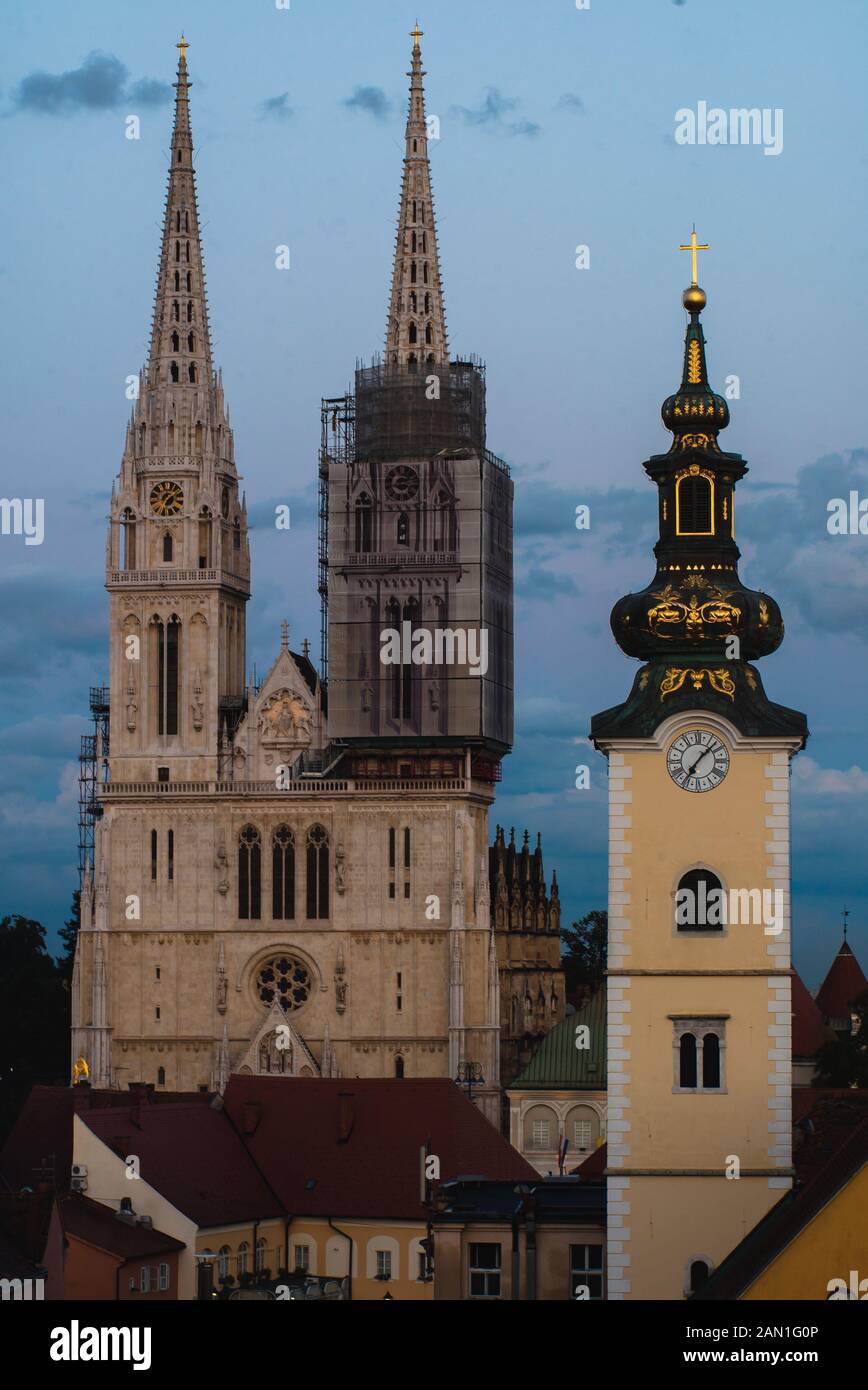 Zagreb Cathedral with clock tower Stock Photo Alamy