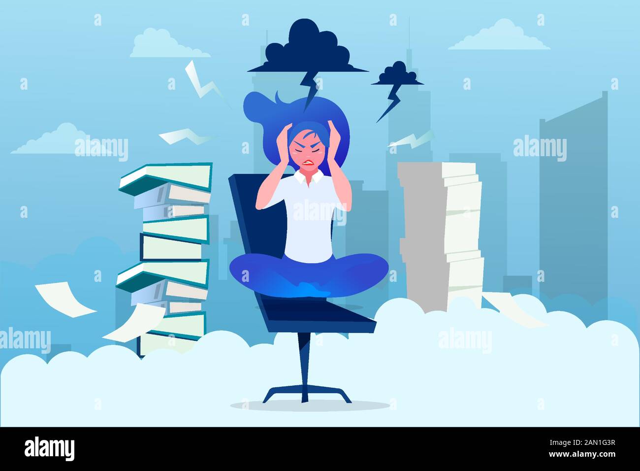 Vector of a stressed business woman sitting in office with piles of paperwork Stock Vector