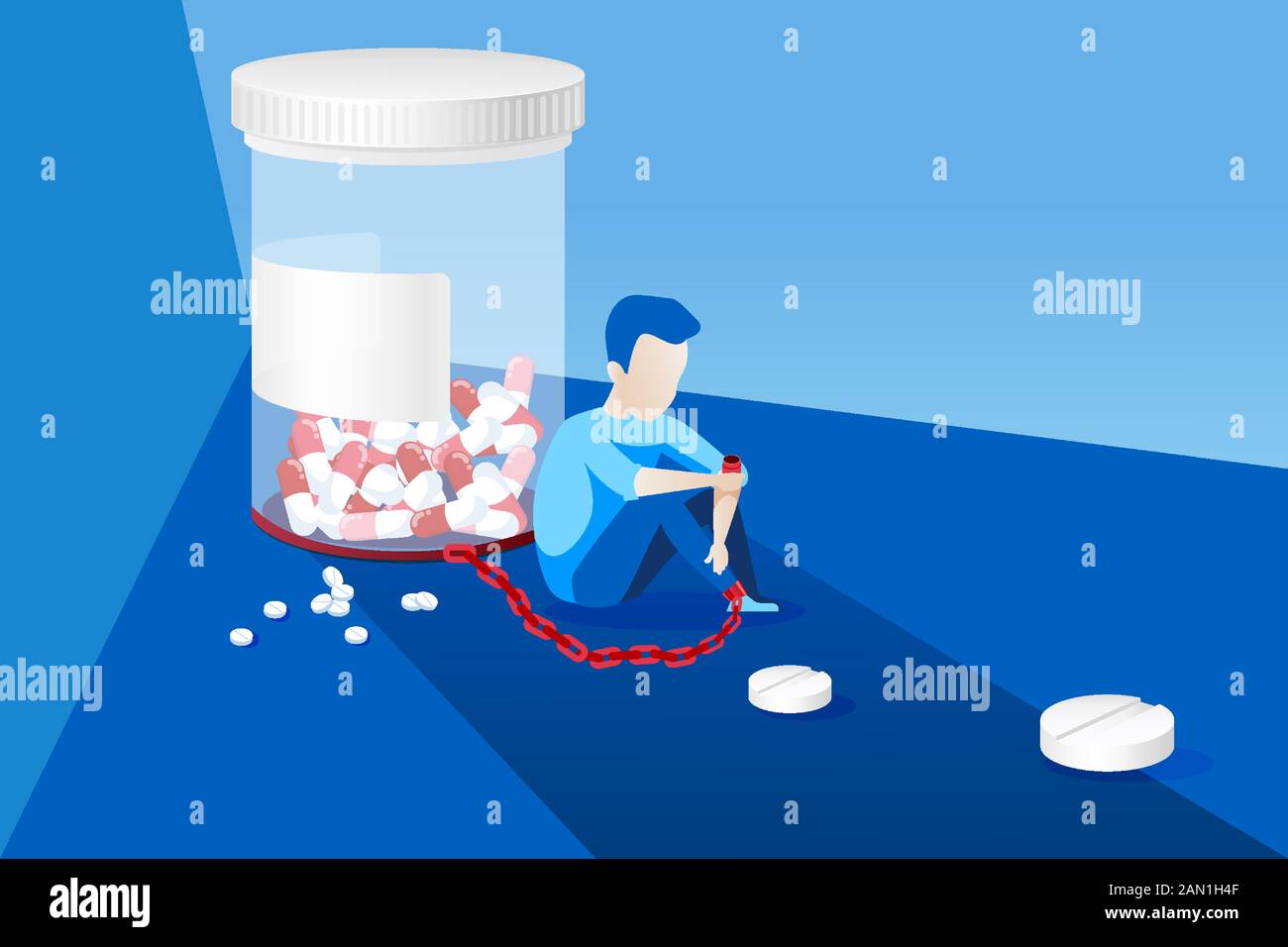 Vector of a sick man with painkiller addiction chained to the bottle of pills Stock Vector