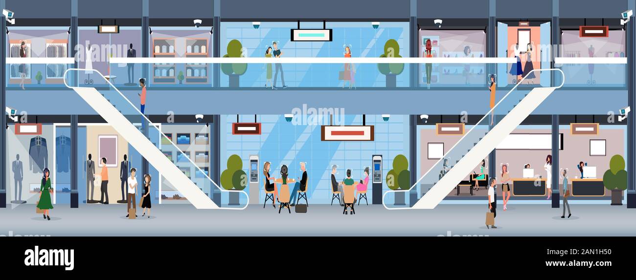 Vector of a shopping mall with security cameras and facial recognition