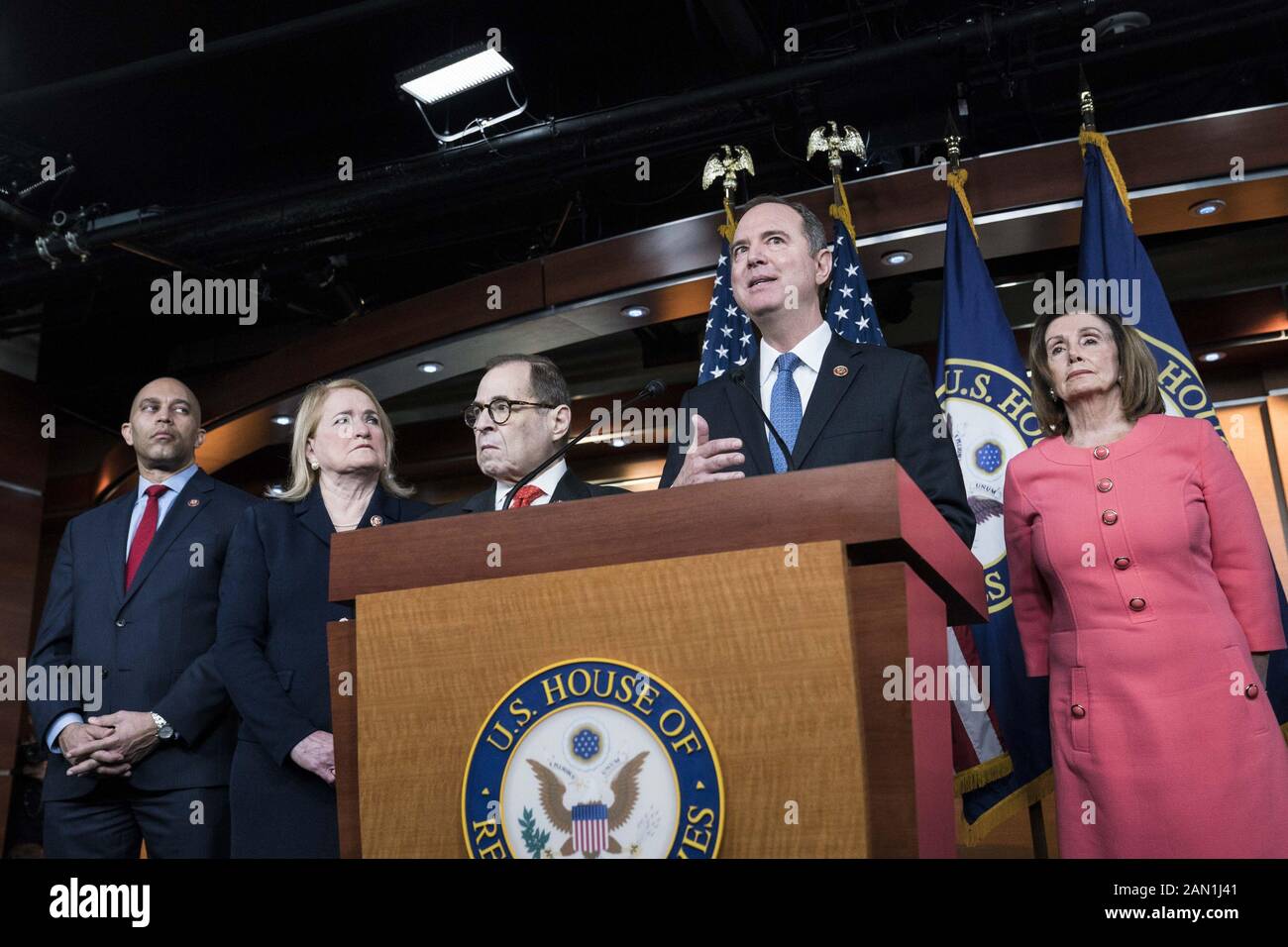 Washington, United States. 15th Jan, 2020. House Intelligence Committee Chairman Adam Schiff, D-Calif., speaks during a press conference with Speaker of the House Nancy Pelosi, D-Calif., held to announce the impeachment managers, members of the House who will serve as prosecutors in the Senate impeachment trial of President Trump, in the the U.S. Capitol Building in Washington, DC on Wednesday, January 15, 2020. Credit: UPI/Alamy Live News Stock Photo