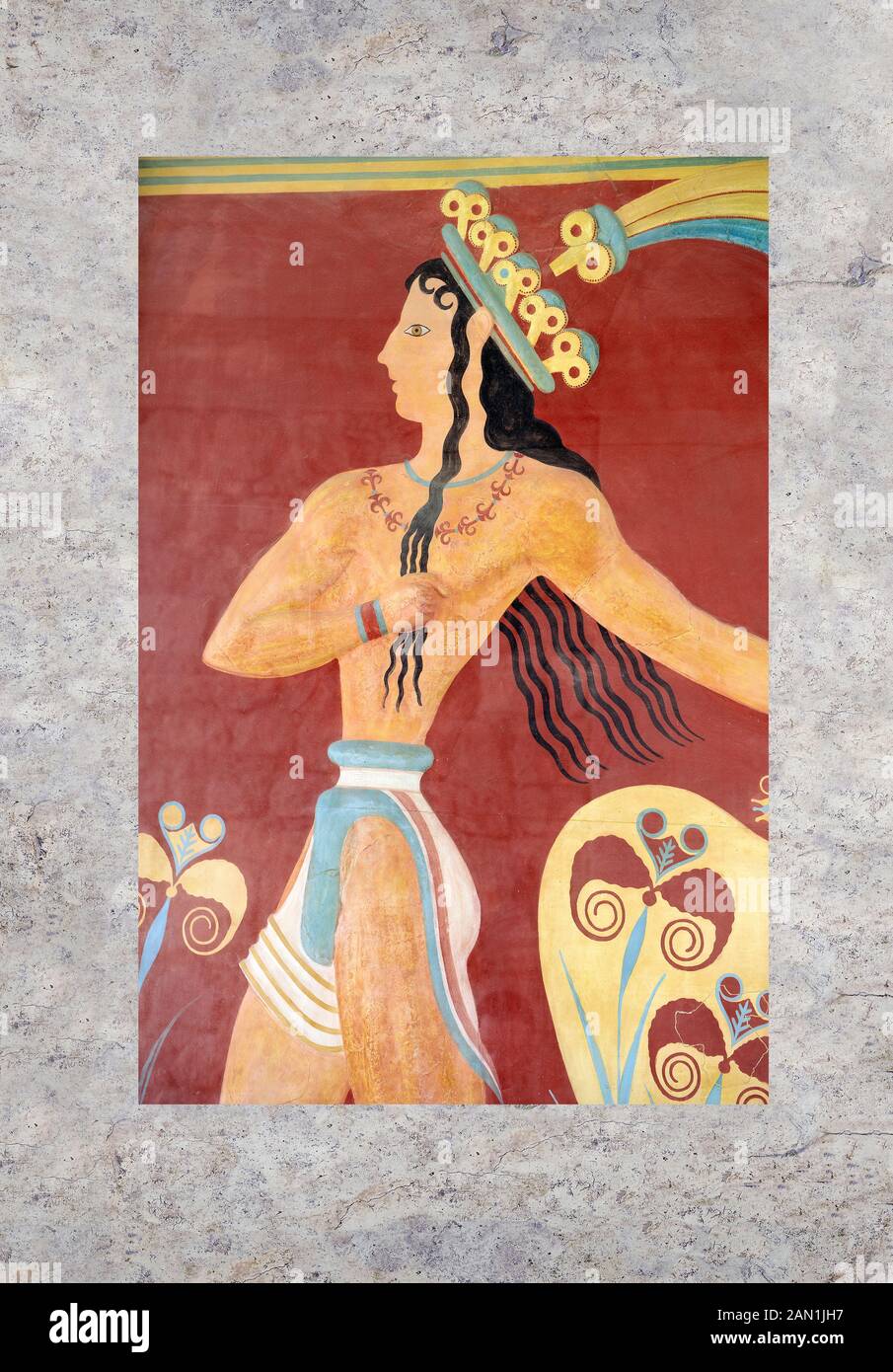 'Prince of lilies' or 'Priest-king Relief', plaster relief at the end of the Corridor of Processions, restored by Gilliéron, Knossos Minoan archaeolog Stock Photo