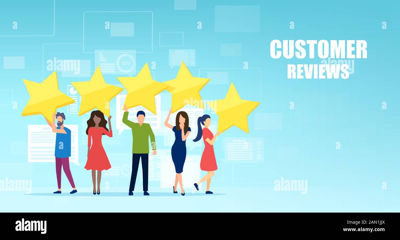 Vector of people raising up five stars. Customer review and feedback concept Stock Vector