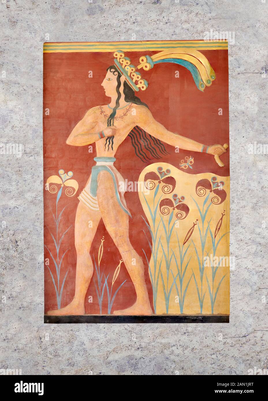 'Prince of lilies' or 'Priest-king Relief', plaster relief at the end of the Corridor of Processions, restored by Gilliéron, Knossos Minoan archaeolog Stock Photo