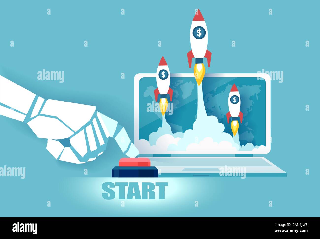 Vector of a robot hand pushing the start button to launch rockets from laptop. Technology startup concept Stock Vector