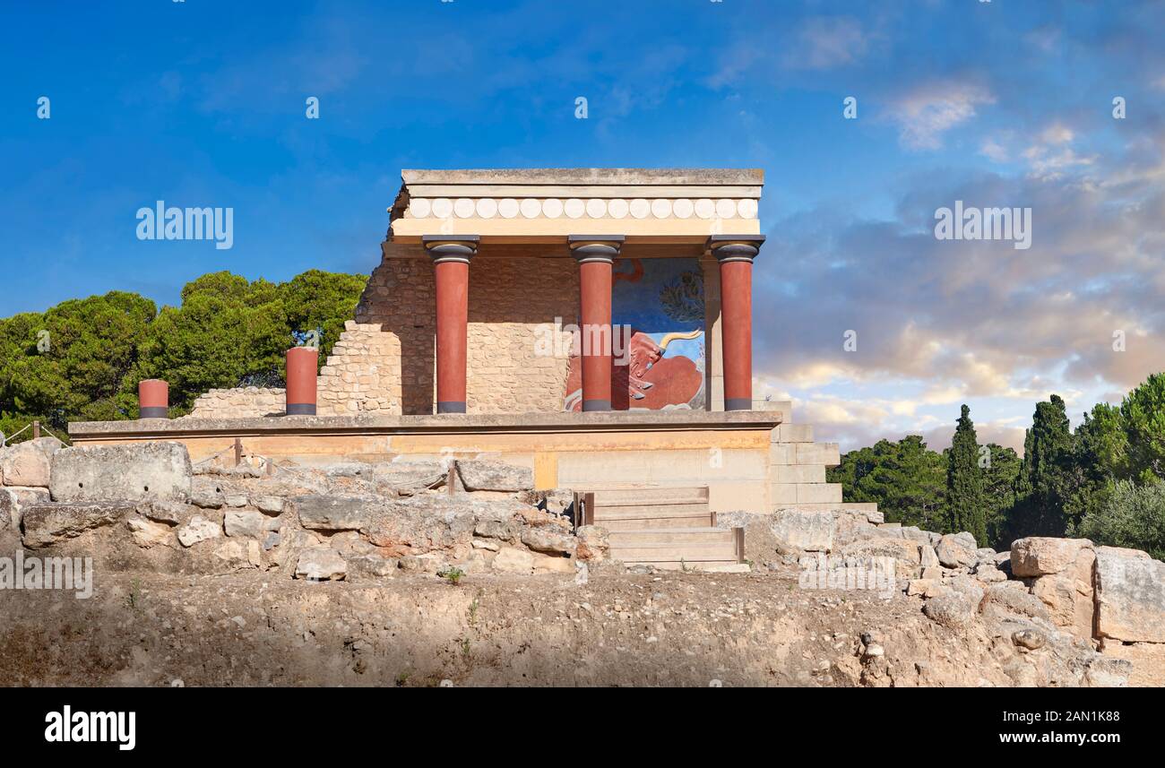 Minoan of the North Entrance Propylaeum with its painted charging  bull releif,  Knossos Palace archaeological site, Crete Stock Photo