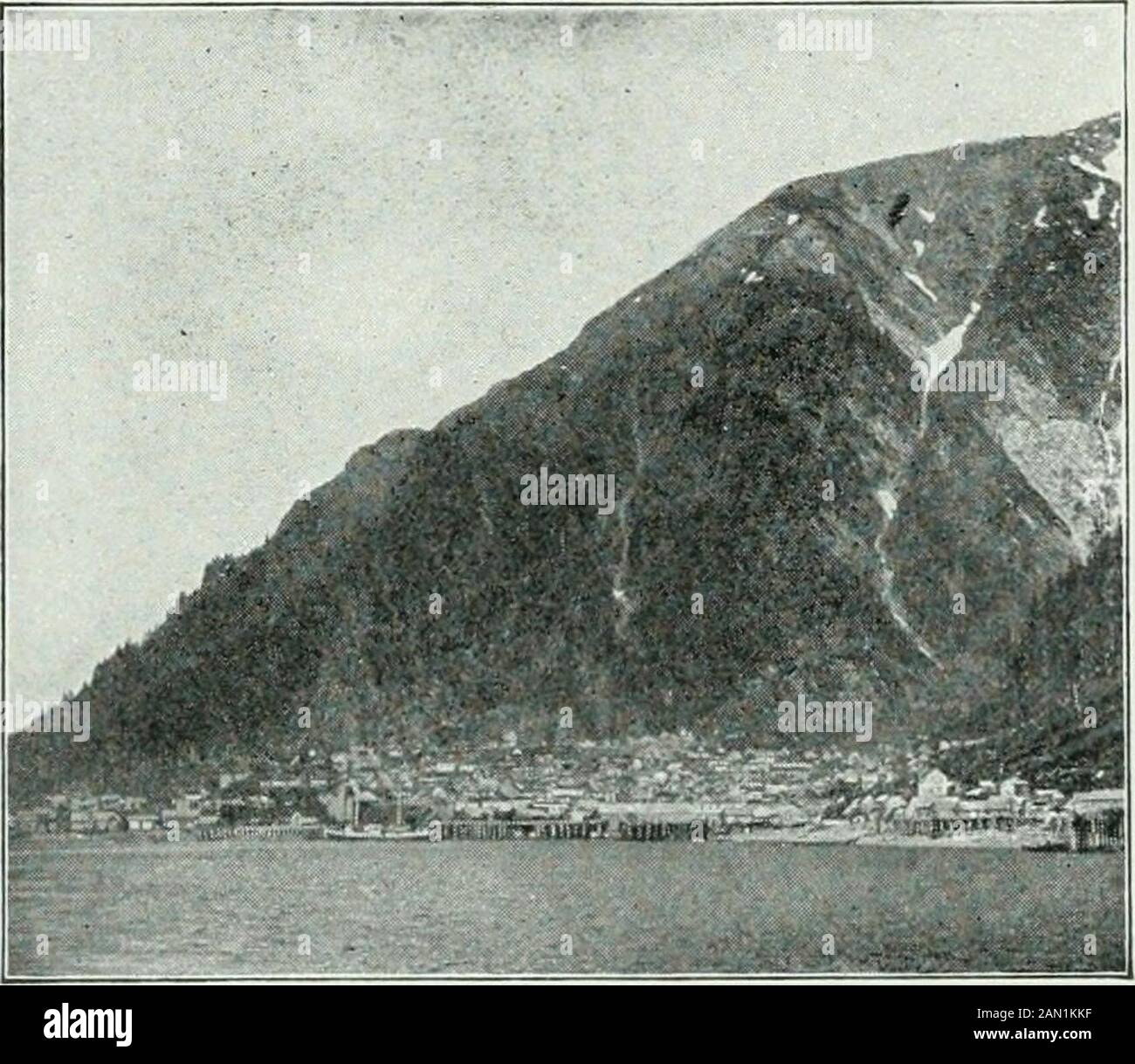 Forty years on the Pacific : the lure of the great ocean, a book of reference for the traveler and pleasure for the stay-at-home . FLOWERS AND ICE, STIKINE RIVER, ALASKA. JUNEAU, THE CAPITAL OF ALASKA GOLD DISCOVERY IN YUKON TERRITORY DIFFERENT persons are credited with the discoveryof gold in the Yukon Territory. Mr. WilHam Ogil-vie, Canadian Commissioner, stated that a missionarywho died at Fort McPherson two generations ago while labor-ing among Indians found gold in Birch Creek. He also statedthat young pioneers from Toronto traveled five thousandmiles in the Northland in 1859, prospecting Stock Photo