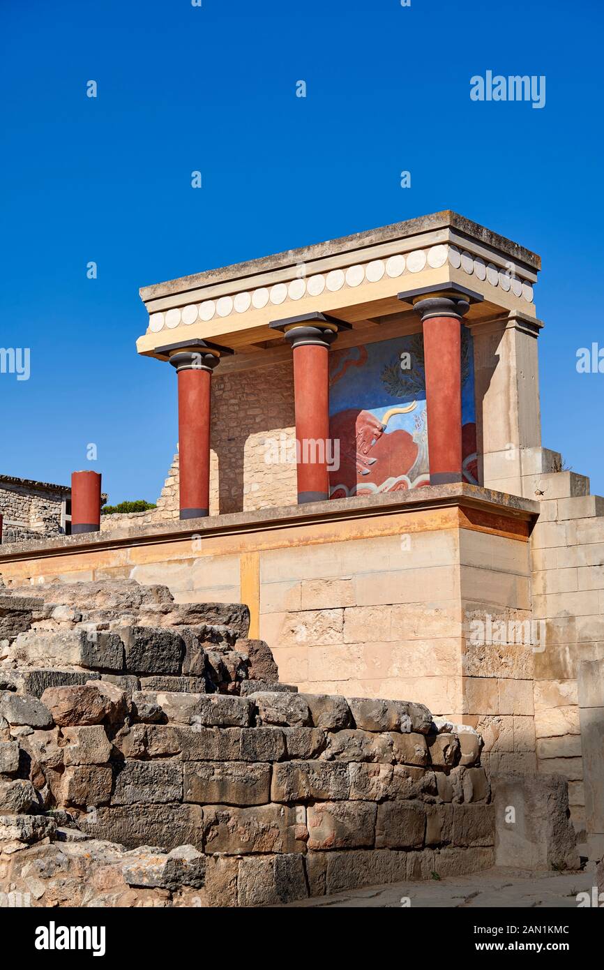 Minoan of the North Entrance Propylaeum with its painted charging  bull releif,  Knossos Palace archaeological site, Crete Stock Photo